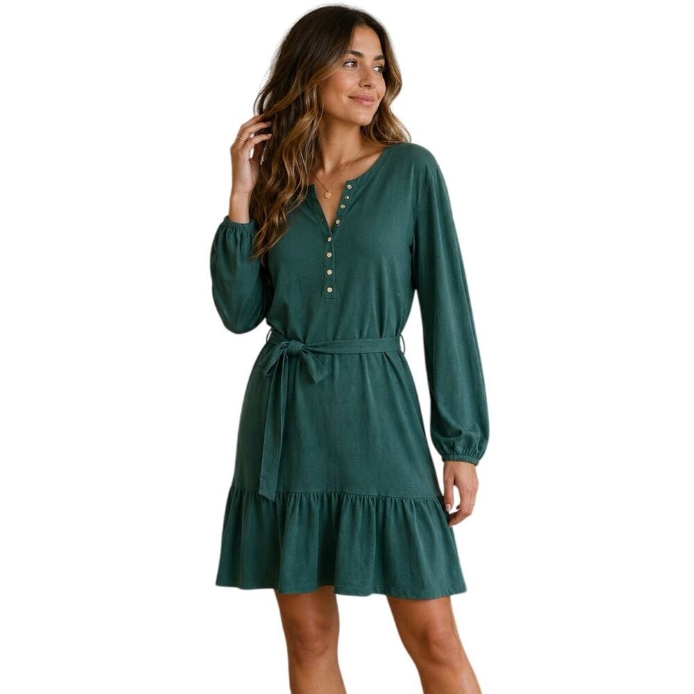 Nation LTD Green Henley Dress Womens Small Tie Waist Ruffle Hem Casual Chic